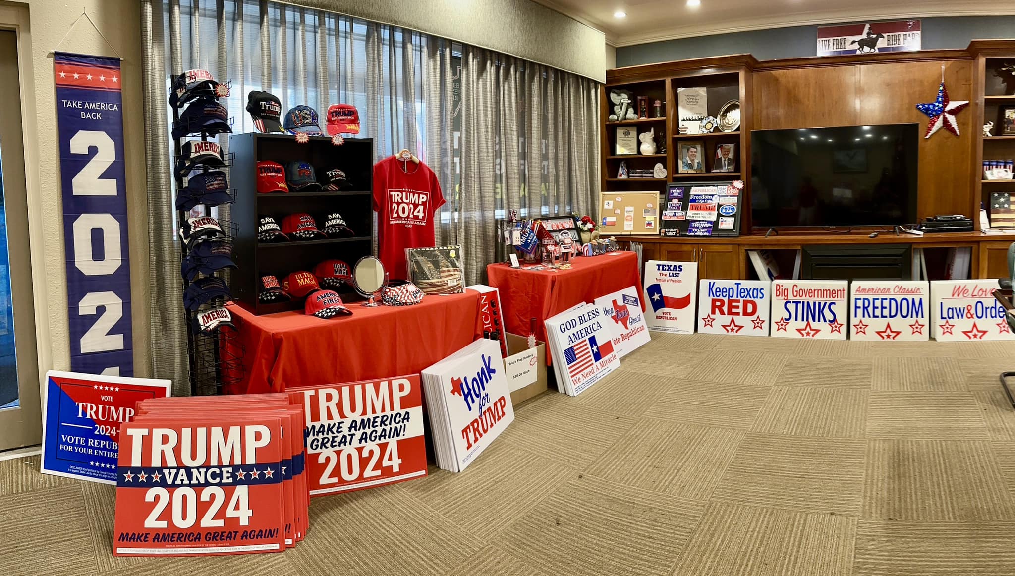 Our Headquarters is bursting with excitement over the upcoming election. Please join us by stopping by and donating, volunteering, getting a sign for your yard or a bumper sticker for your car. We also have hats, t-shirts and other Patriotic gear. Together we can help make America great again! ????????